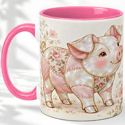 #pl[11oz|Pink] Floral Pig Ceramic Mug, Pink Botanical Artwork for Pig Lovers