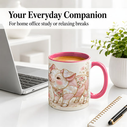 #pl[11oz|Pink] Floral Pig Ceramic Mug, Pink Botanical Artwork for Pig Lovers