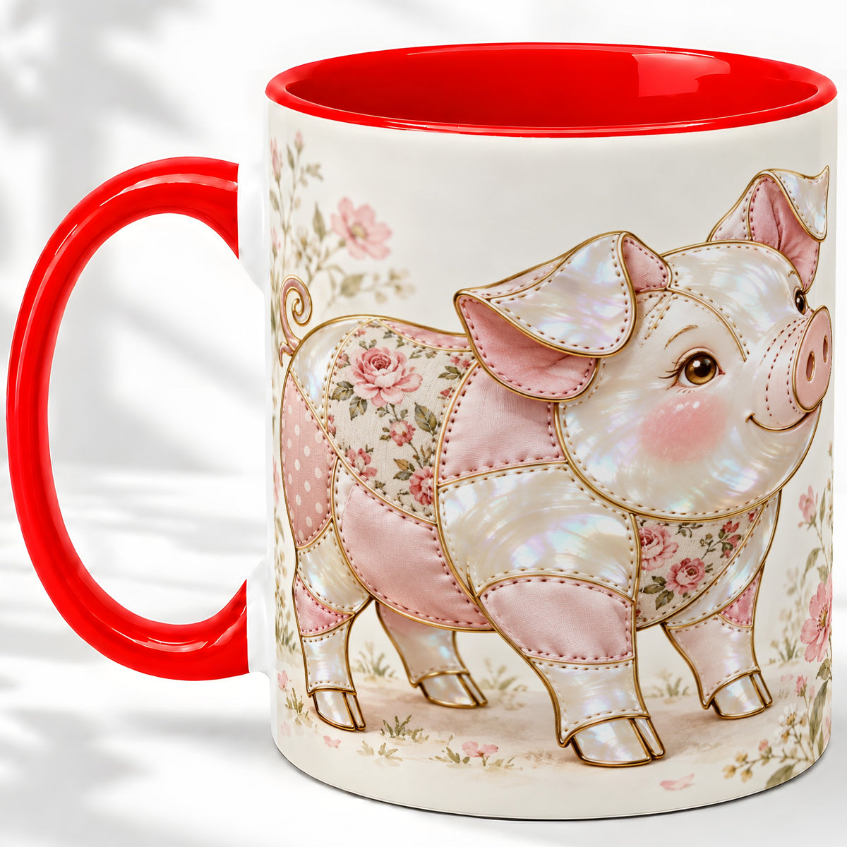 Floral Pig Ceramic Mug, Pink Botanical Artwork for Pig Lovers