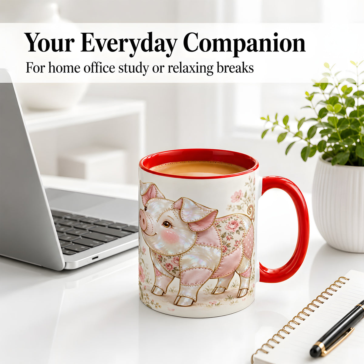 #pl[11oz|Red] Floral Pig Ceramic Mug, Pink Botanical Artwork for Pig Lovers