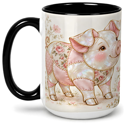 #pl[15oz|Black] Floral Pig Ceramic Mug, Pink Botanical Artwork for Pig Lovers