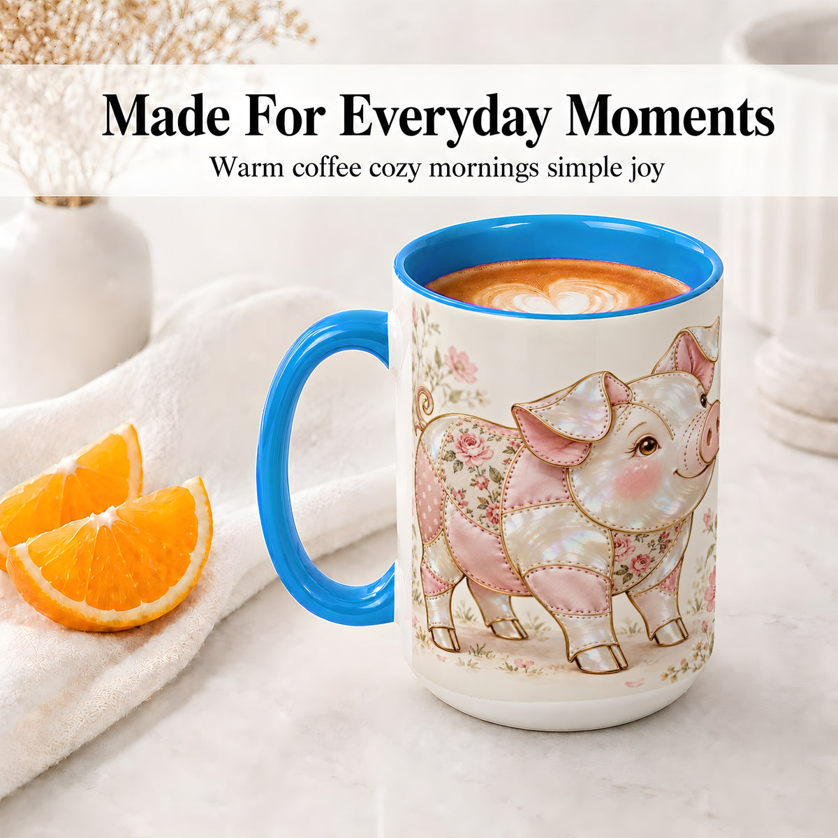 #pl[15oz|Blue] Floral Pig Ceramic Mug, Pink Botanical Artwork for Pig Lovers