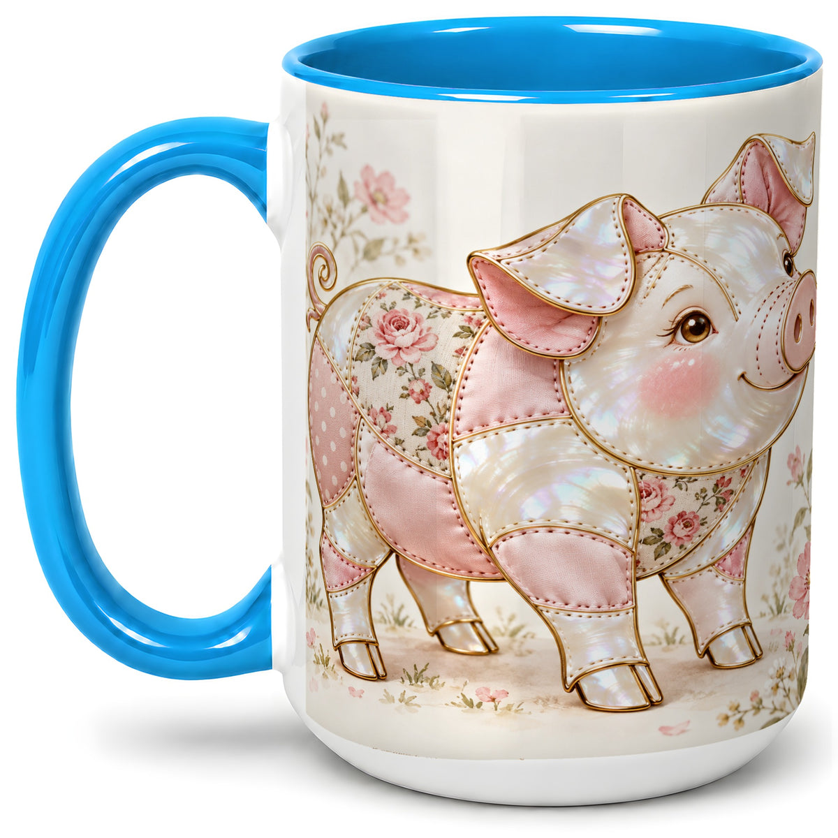 #pl[15oz|Blue] Floral Pig Ceramic Mug, Pink Botanical Artwork for Pig Lovers