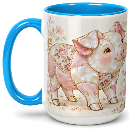#pl[15oz|Blue] Floral Pig Ceramic Mug, Pink Botanical Artwork for Pig Lovers