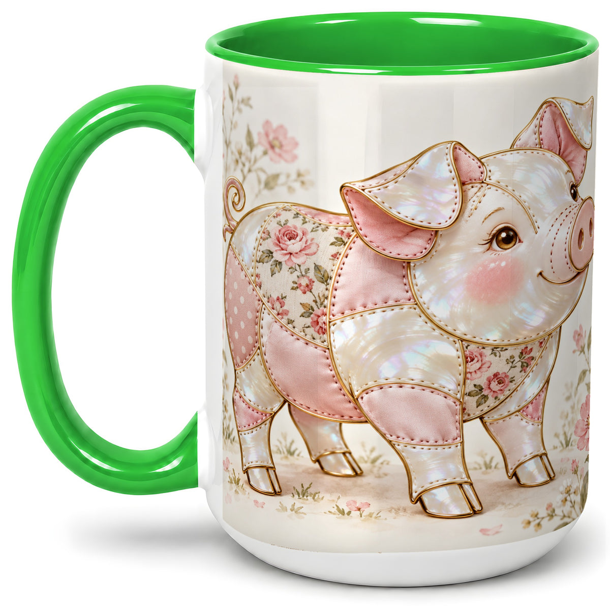 #pl[15oz|Green] Floral Pig Ceramic Mug, Pink Botanical Artwork for Pig Lovers