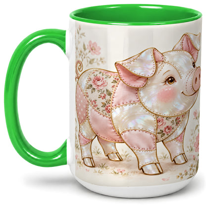 #pl[15oz|Green] Floral Pig Ceramic Mug, Pink Botanical Artwork for Pig Lovers