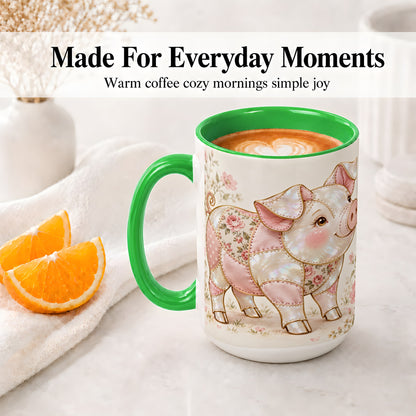 #pl[15oz|Green] Floral Pig Ceramic Mug, Pink Botanical Artwork for Pig Lovers