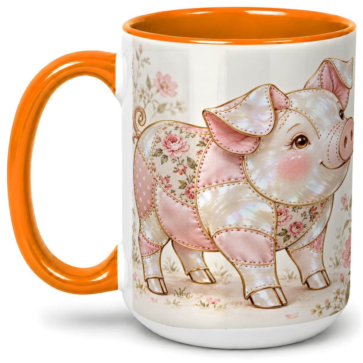 #pl[15oz|Orange] Floral Pig Ceramic Mug, Pink Botanical Artwork for Pig Lovers