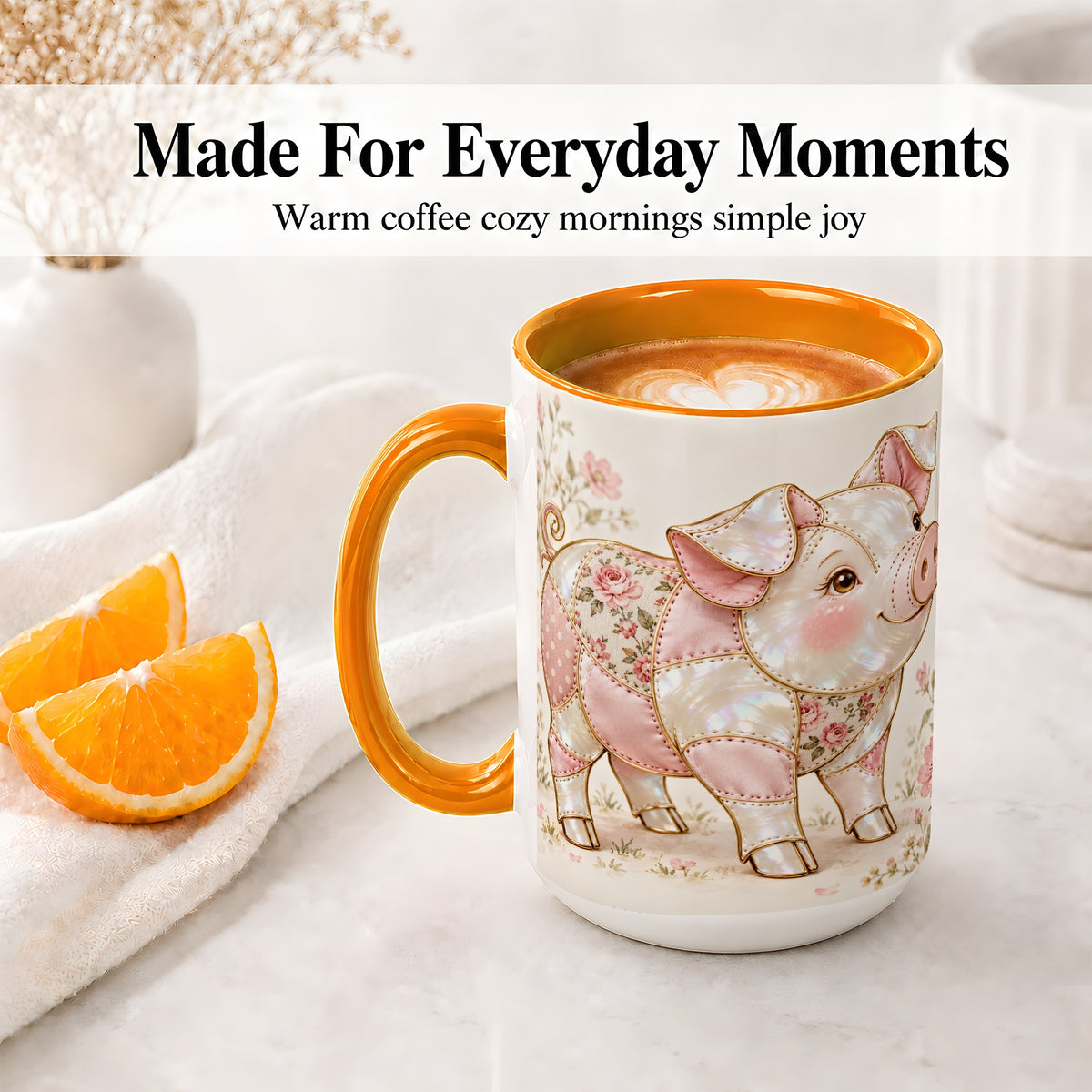 #pl[15oz|Orange] Floral Pig Ceramic Mug, Pink Botanical Artwork for Pig Lovers