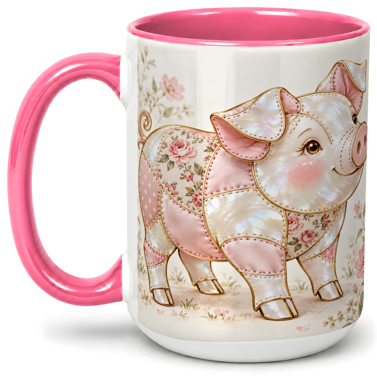 #pl[15oz|Pink] Floral Pig Ceramic Mug, Pink Botanical Artwork for Pig Lovers