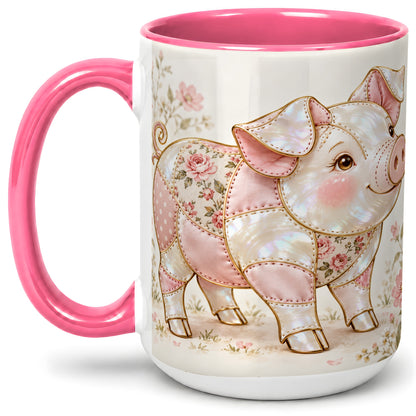 #pl[15oz|Pink] Floral Pig Ceramic Mug, Pink Botanical Artwork for Pig Lovers