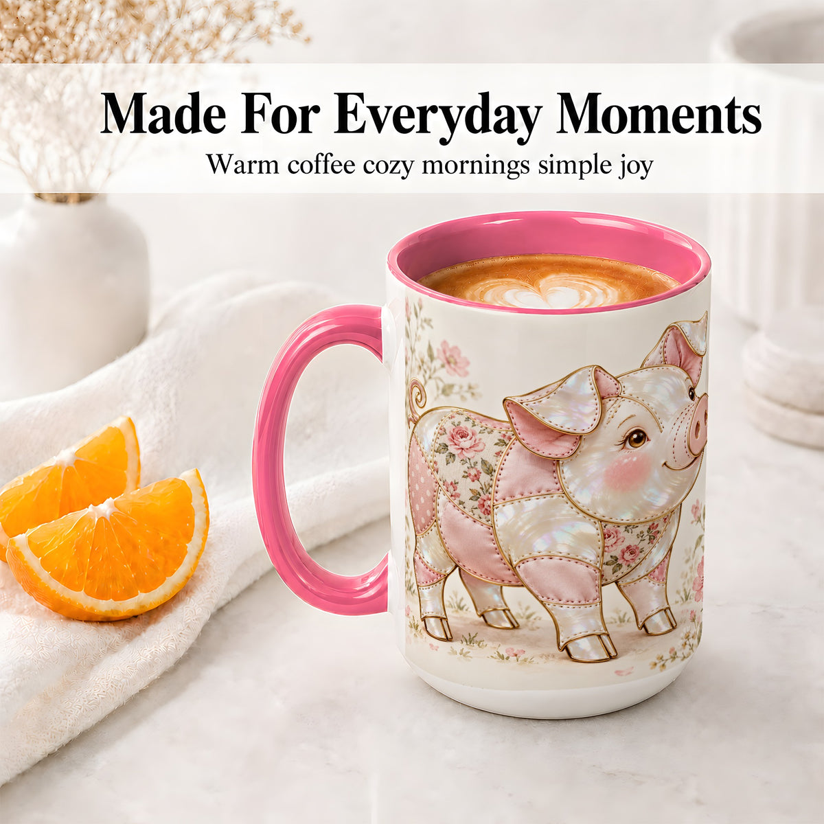 #pl[15oz|Pink] Floral Pig Ceramic Mug, Pink Botanical Artwork for Pig Lovers