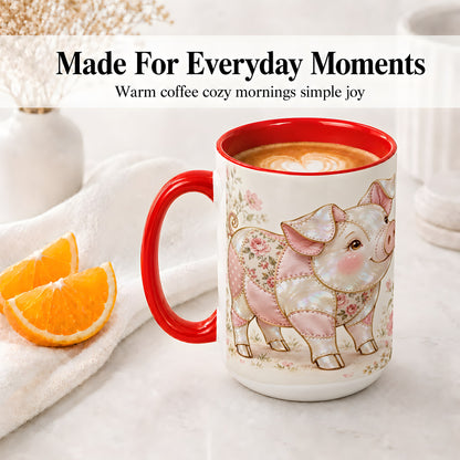 #pl[15oz|Red] Floral Pig Ceramic Mug, Pink Botanical Artwork for Pig Lovers
