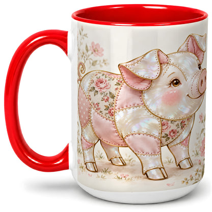 #pl[15oz|Red] Floral Pig Ceramic Mug, Pink Botanical Artwork for Pig Lovers