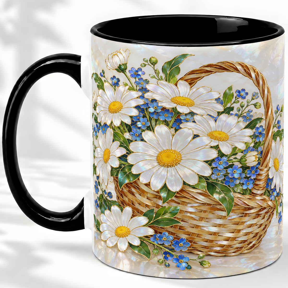 #pl[11oz|Black] Daisy Flower Basket Ceramic Mug, Botanical Floral Artwork