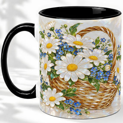 #pl[11oz|Black] Daisy Flower Basket Ceramic Mug, Botanical Floral Artwork