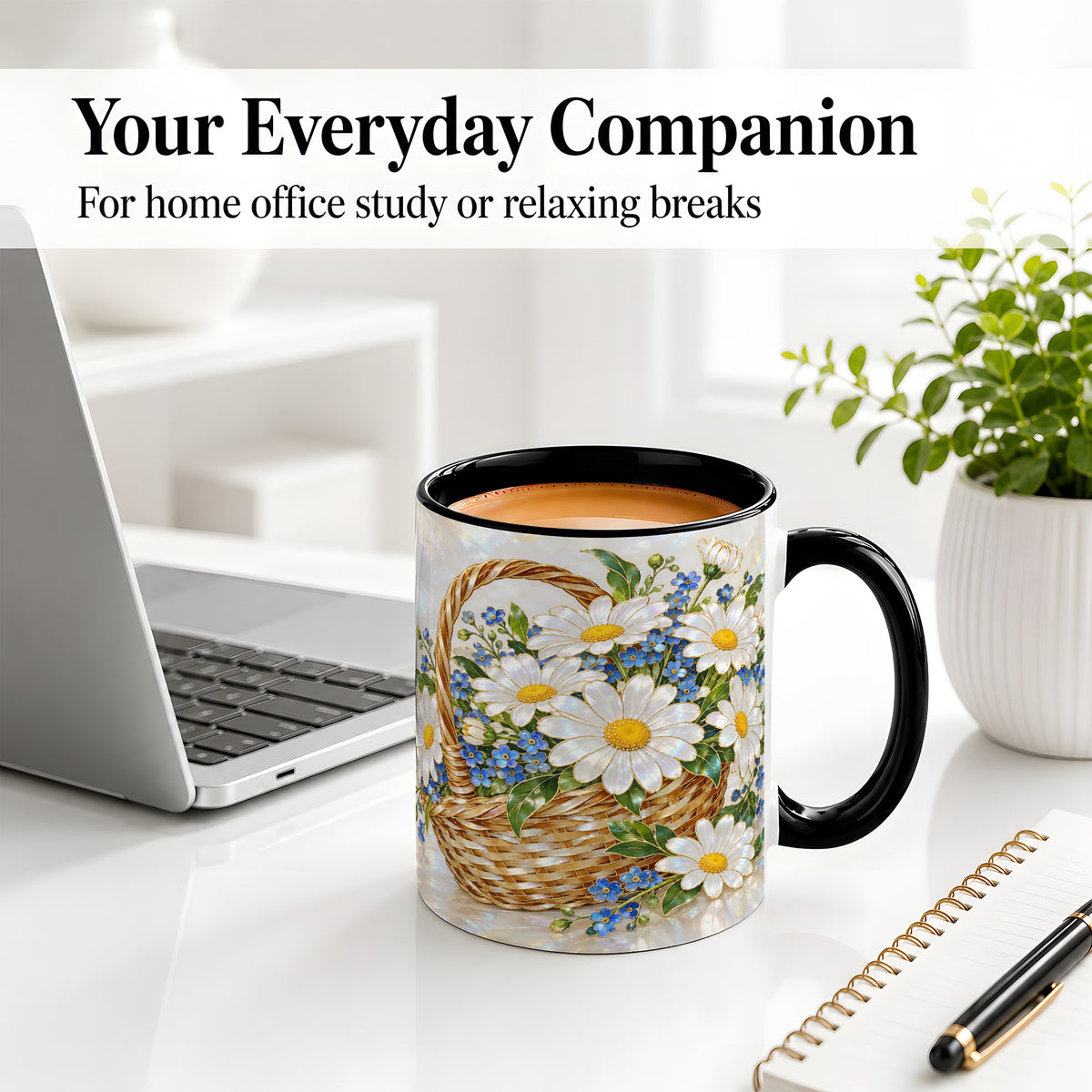#pl[11oz|Black] Daisy Flower Basket Ceramic Mug, Botanical Floral Artwork