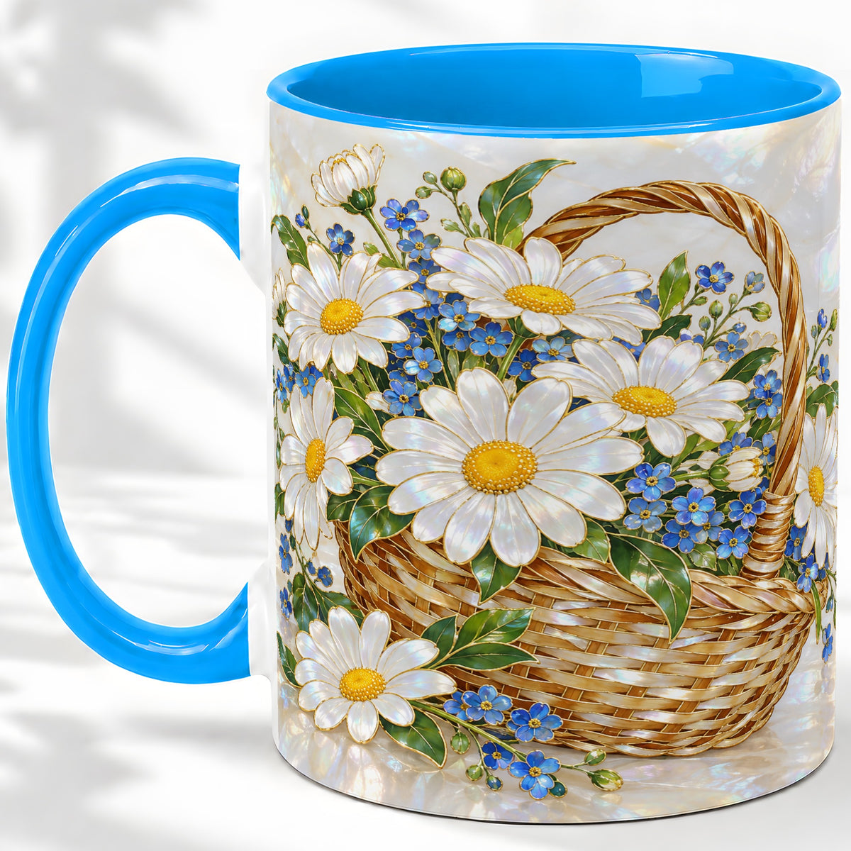 #pl[11oz|Blue] Daisy Flower Basket Ceramic Mug, Botanical Floral Artwork