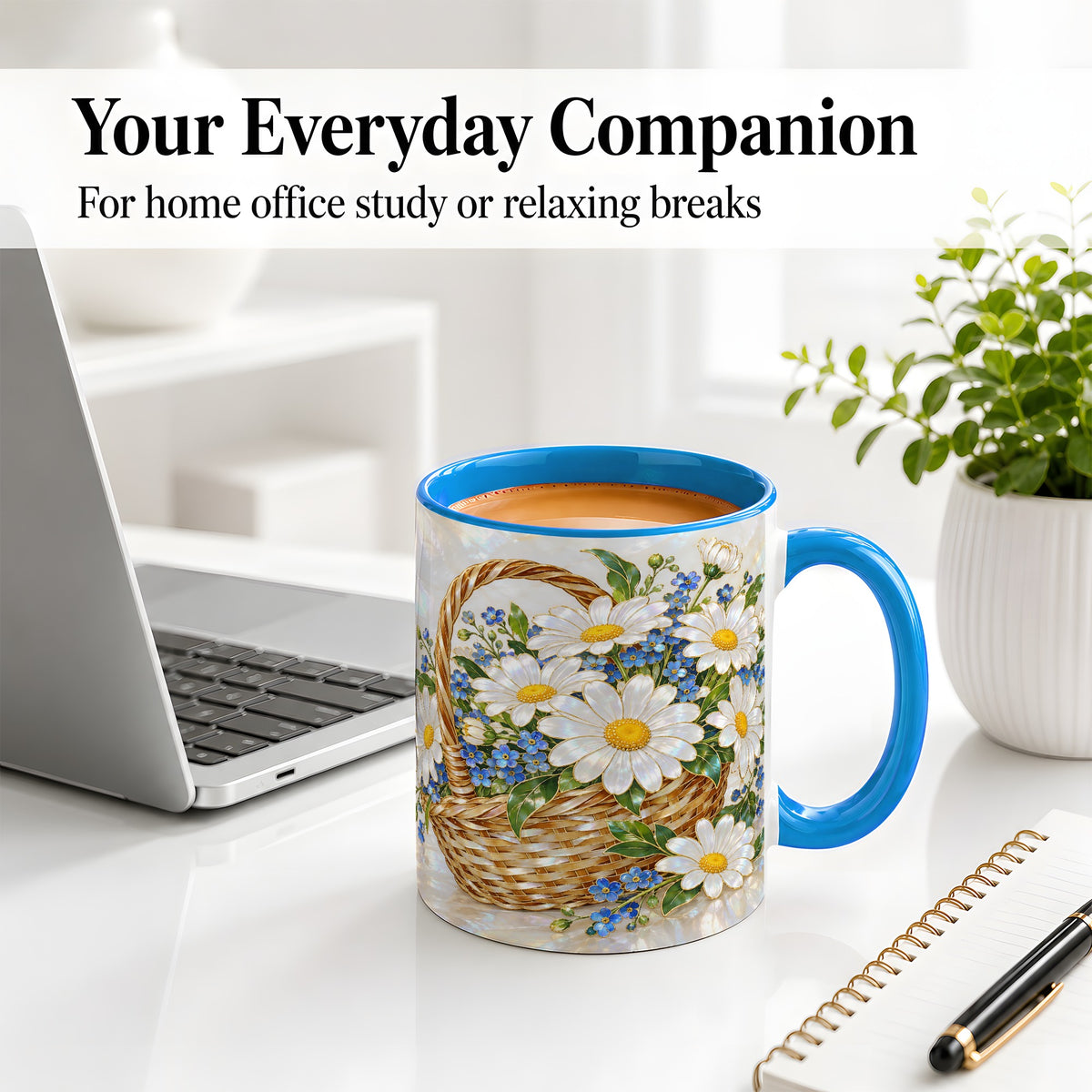 #pl[11oz|Blue] Daisy Flower Basket Ceramic Mug, Botanical Floral Artwork