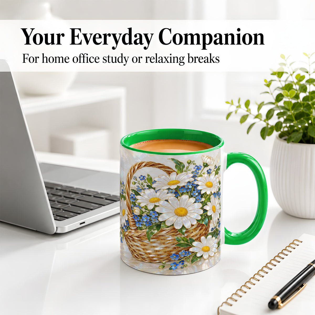 #pl[11oz|Green] Daisy Flower Basket Ceramic Mug, Botanical Floral Artwork