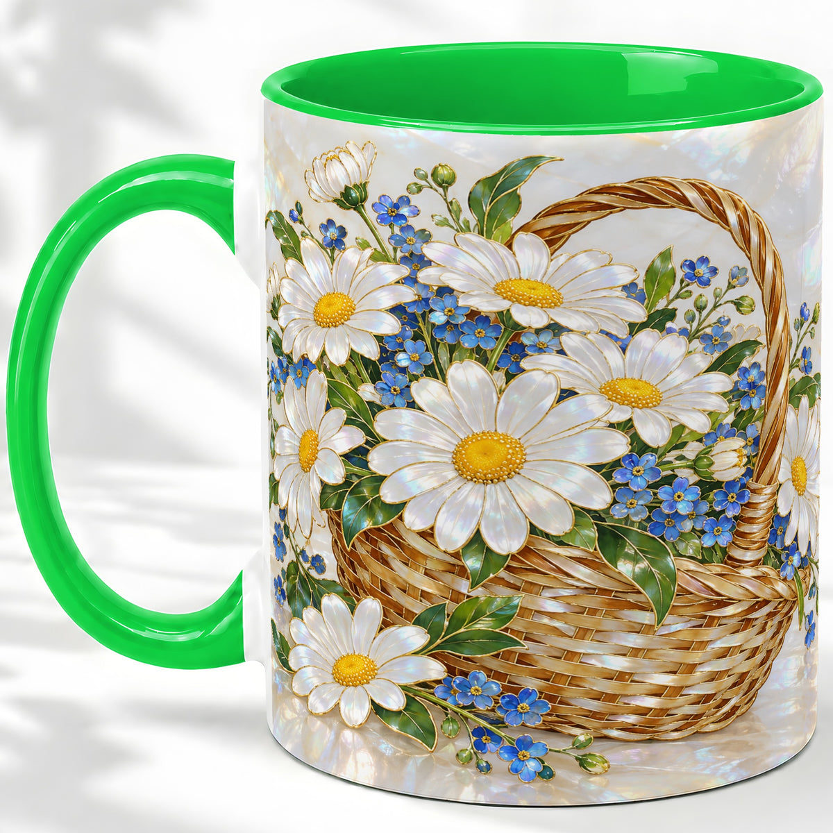 #pl[11oz|Green] Daisy Flower Basket Ceramic Mug, Botanical Floral Artwork