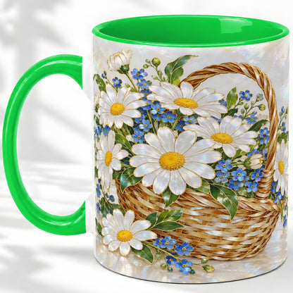 #pl[11oz|Green] Daisy Flower Basket Ceramic Mug, Botanical Floral Artwork