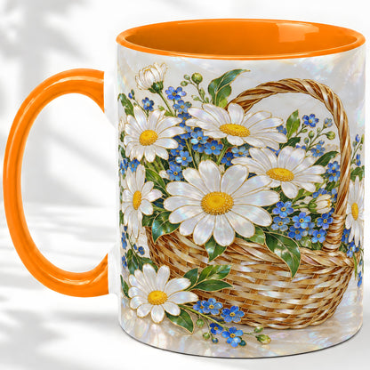 #pl[11oz|Orange] Daisy Flower Basket Ceramic Mug, Botanical Floral Artwork