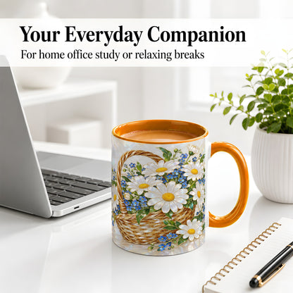 #pl[11oz|Orange] Daisy Flower Basket Ceramic Mug, Botanical Floral Artwork