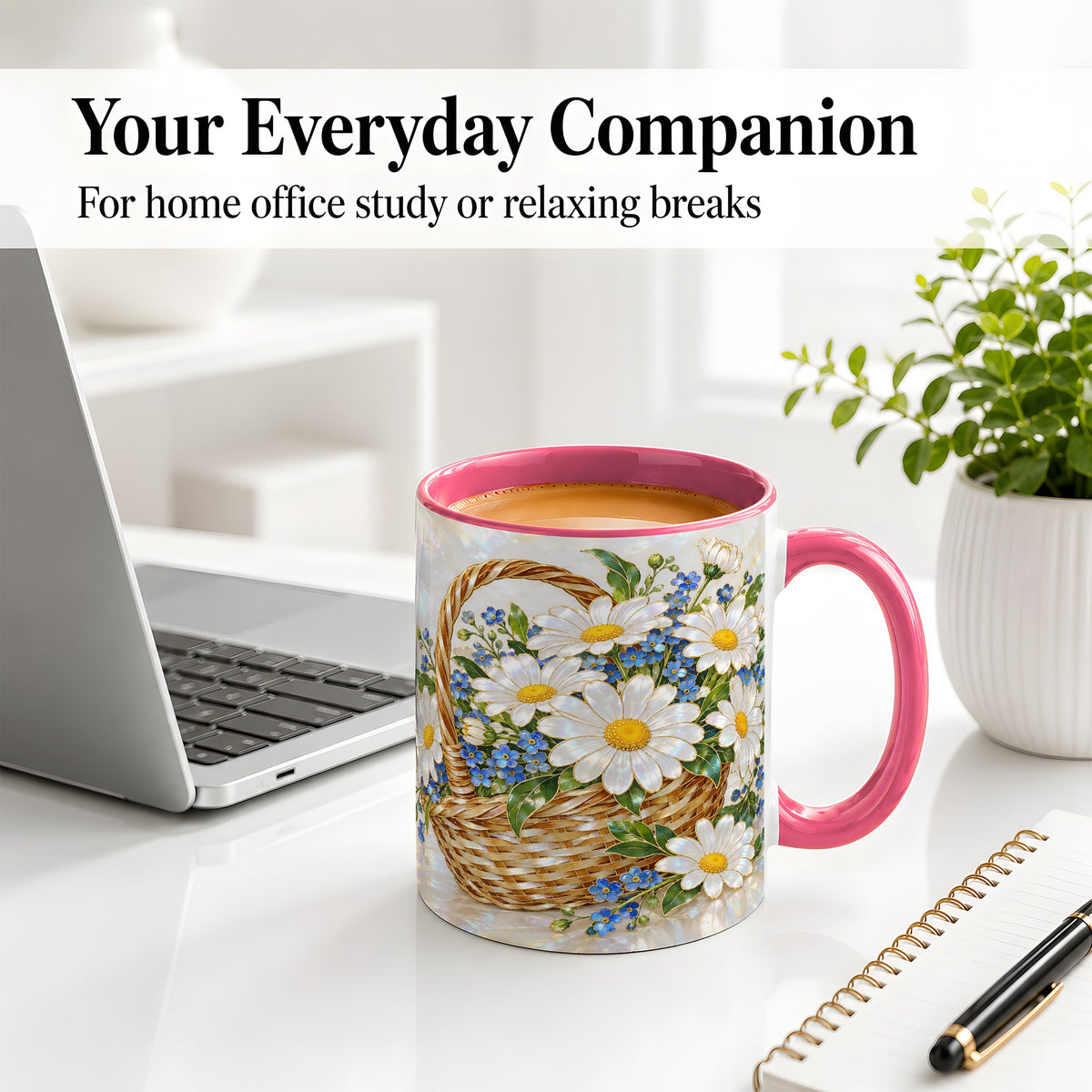 #pl[11oz|Pink] Daisy Flower Basket Ceramic Mug, Botanical Floral Artwork