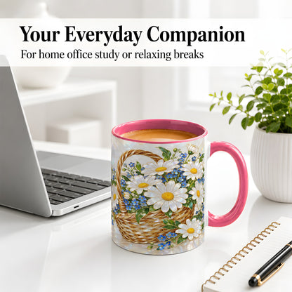 #pl[11oz|Pink] Daisy Flower Basket Ceramic Mug, Botanical Floral Artwork