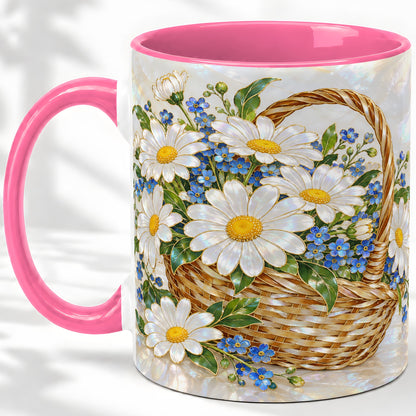 #pl[11oz|Pink] Daisy Flower Basket Ceramic Mug, Botanical Floral Artwork