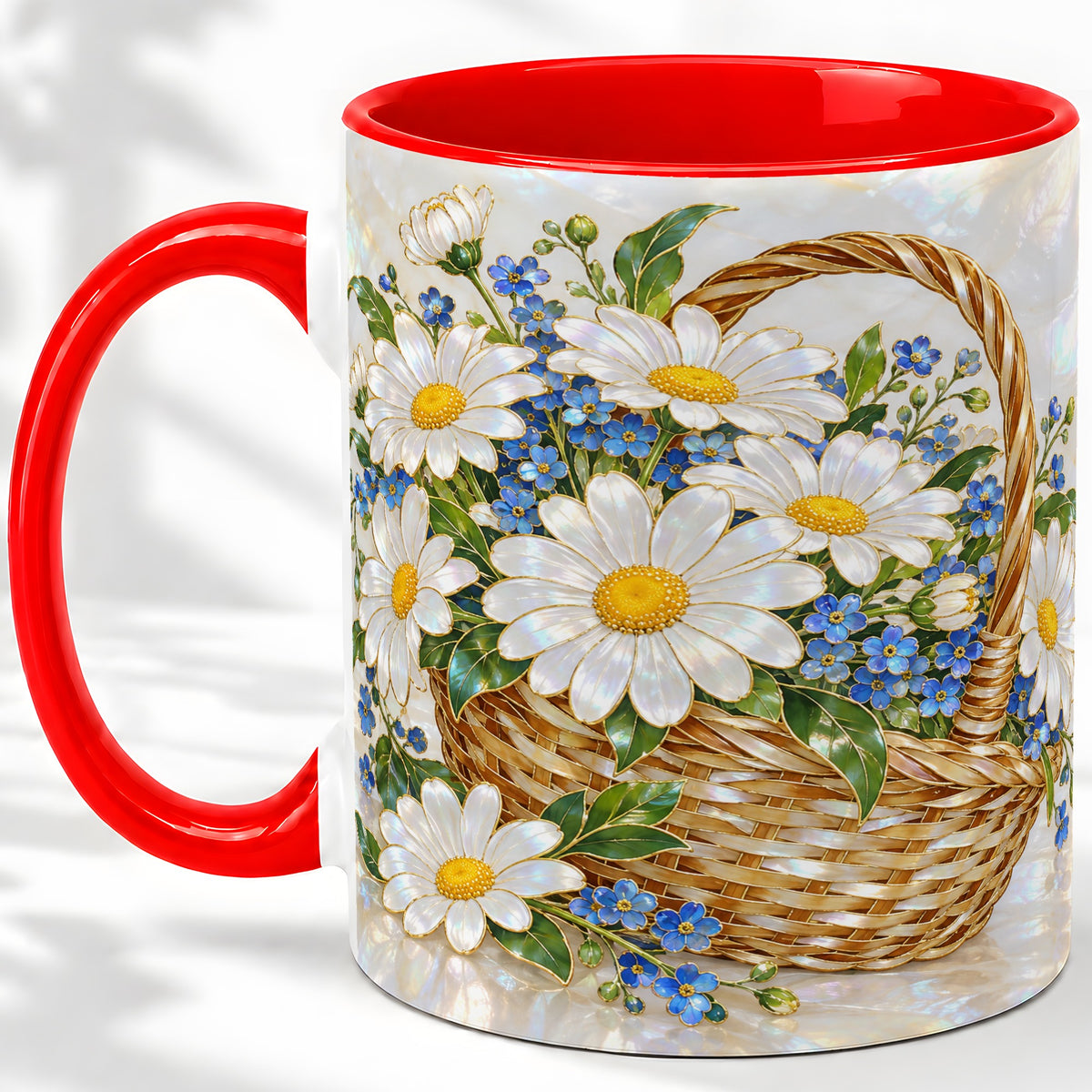 Daisy Flower Basket Ceramic Mug, Botanical Floral Artwork