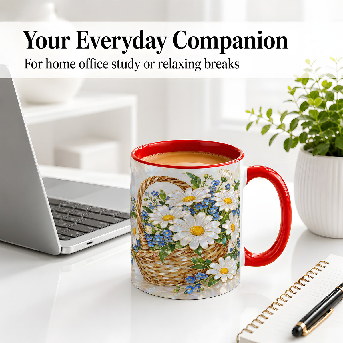 #pl[11oz|Red] Daisy Flower Basket Ceramic Mug, Botanical Floral Artwork