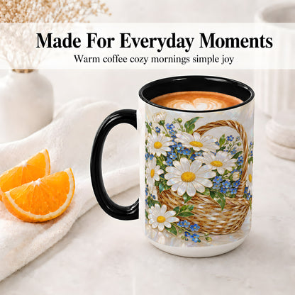 #pl[15oz|Black] Daisy Flower Basket Ceramic Mug, Botanical Floral Artwork