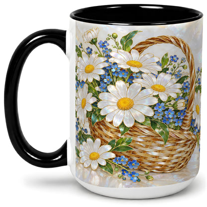 #pl[15oz|Black] Daisy Flower Basket Ceramic Mug, Botanical Floral Artwork