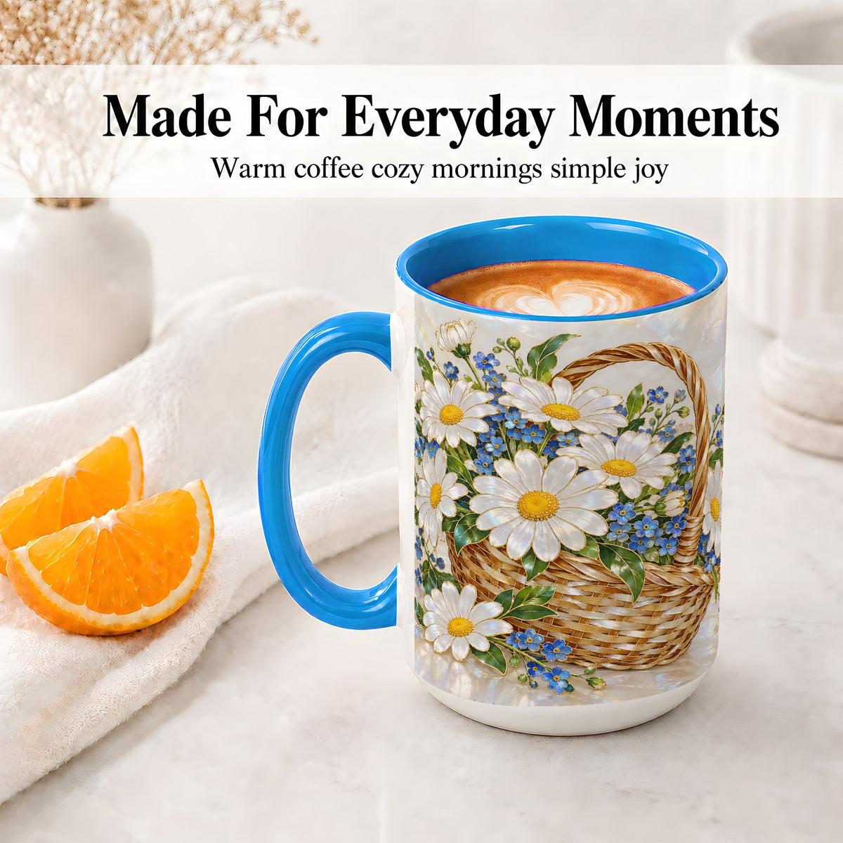 #pl[15oz|Blue] Daisy Flower Basket Ceramic Mug, Botanical Floral Artwork