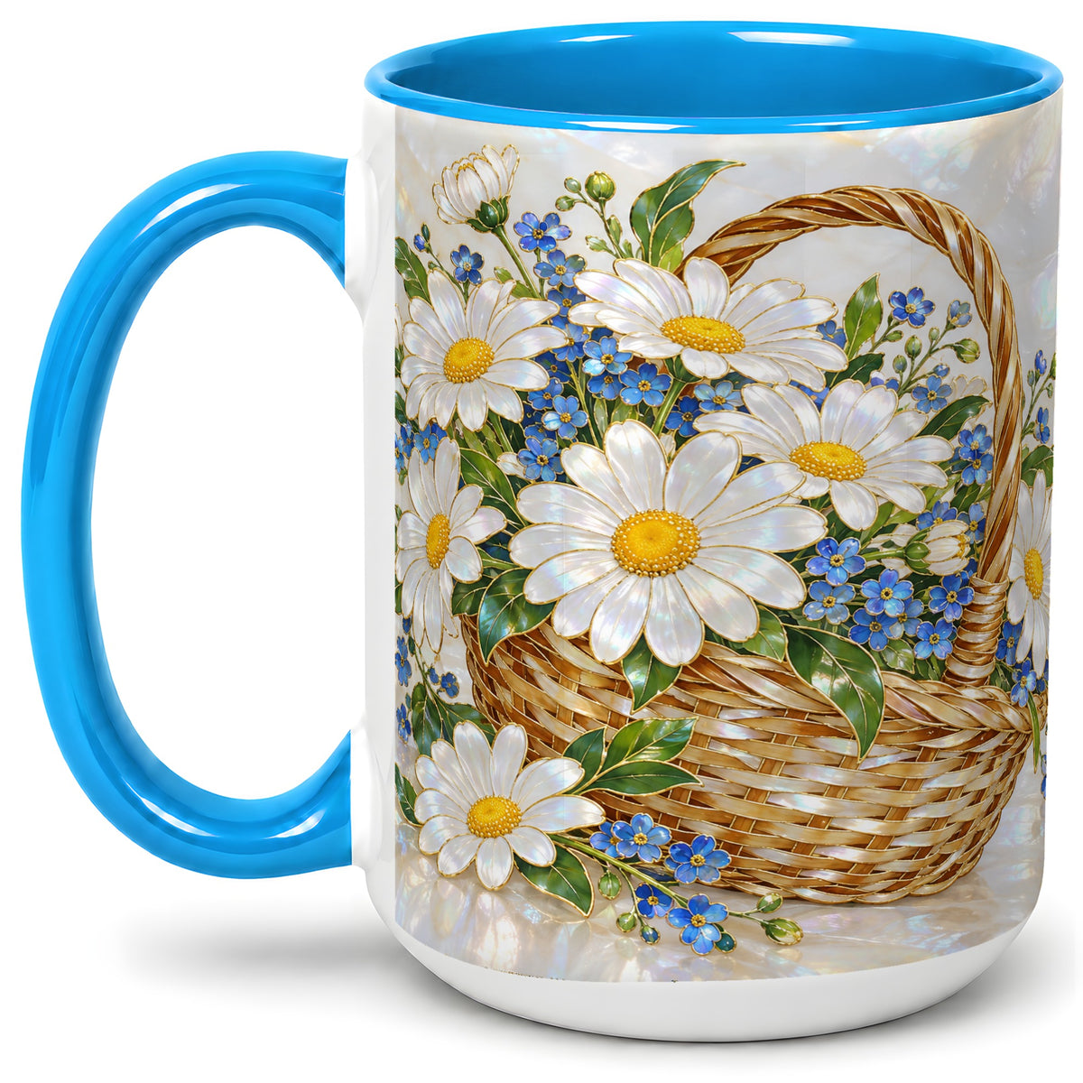 #pl[15oz|Blue] Daisy Flower Basket Ceramic Mug, Botanical Floral Artwork