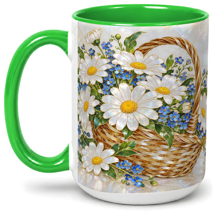 #pl[15oz|Green] Daisy Flower Basket Ceramic Mug, Botanical Floral Artwork