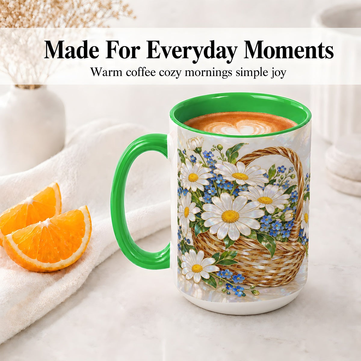 #pl[15oz|Green] Daisy Flower Basket Ceramic Mug, Botanical Floral Artwork