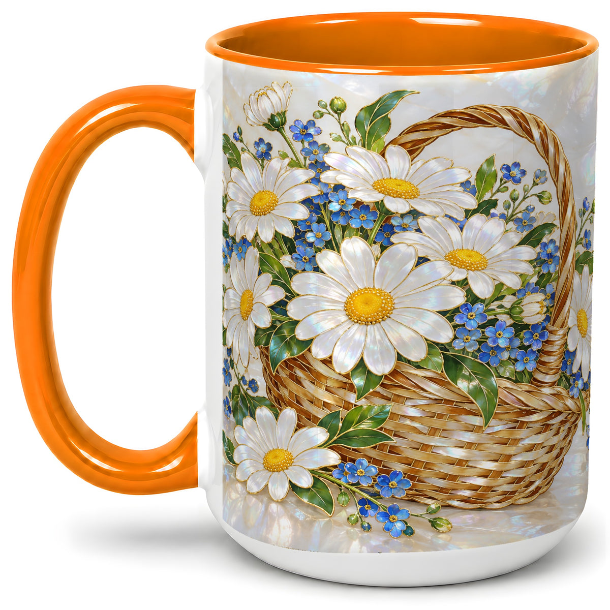 #pl[15oz|Orange] Daisy Flower Basket Ceramic Mug, Botanical Floral Artwork