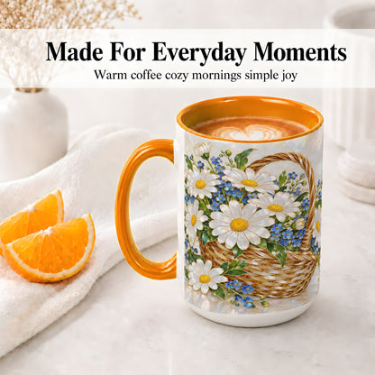 #pl[15oz|Orange] Daisy Flower Basket Ceramic Mug, Botanical Floral Artwork