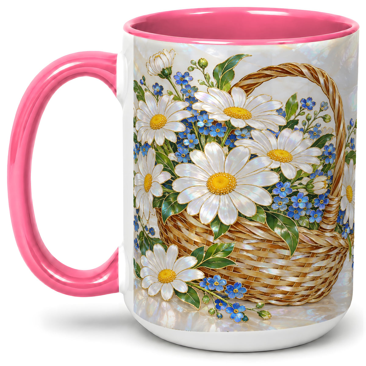 #pl[15oz|Pink] Daisy Flower Basket Ceramic Mug, Botanical Floral Artwork