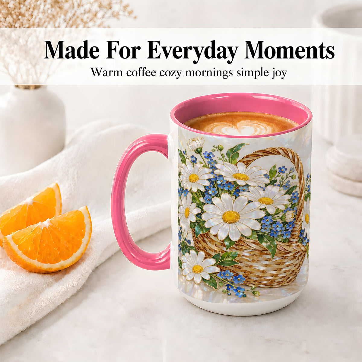 #pl[15oz|Pink] Daisy Flower Basket Ceramic Mug, Botanical Floral Artwork