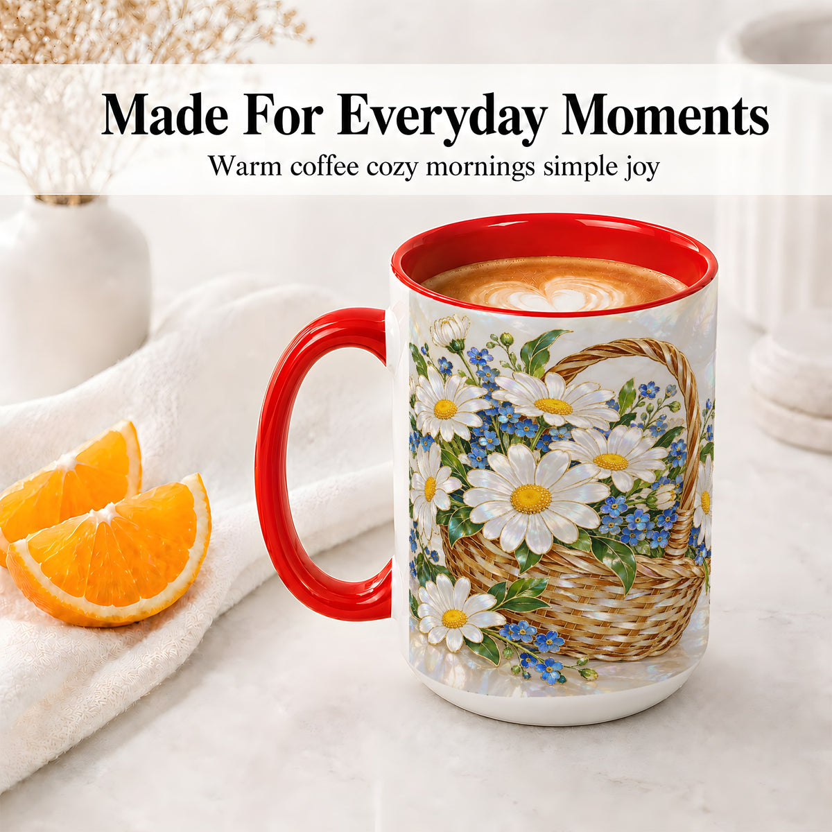 #pl[15oz|Red] Daisy Flower Basket Ceramic Mug, Botanical Floral Artwork