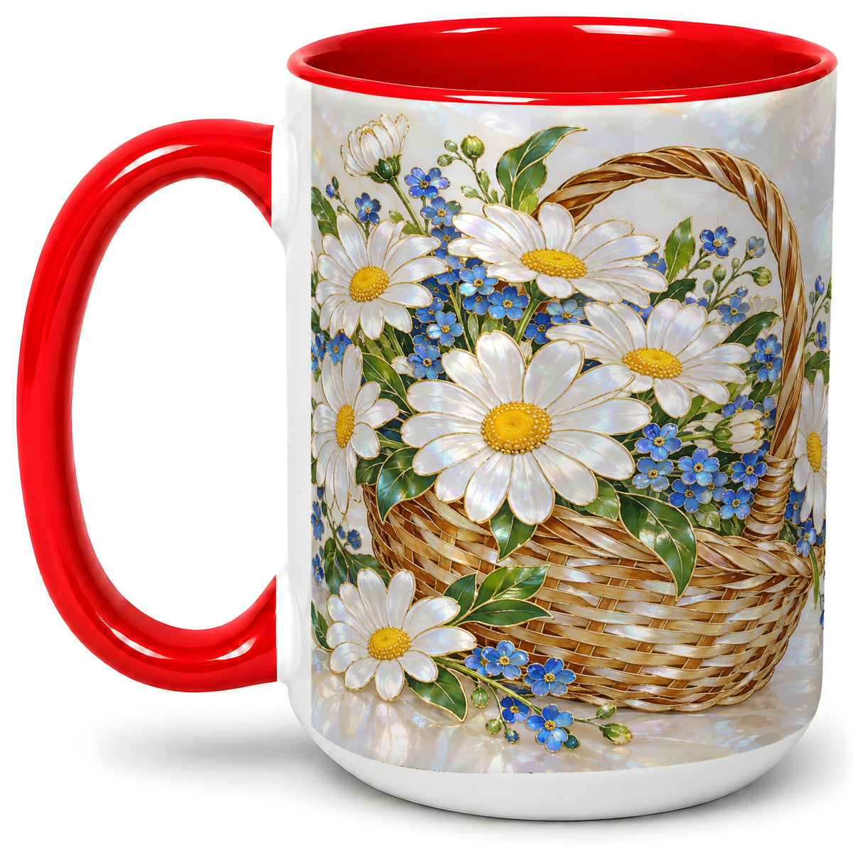 #pl[15oz|Red] Daisy Flower Basket Ceramic Mug, Botanical Floral Artwork