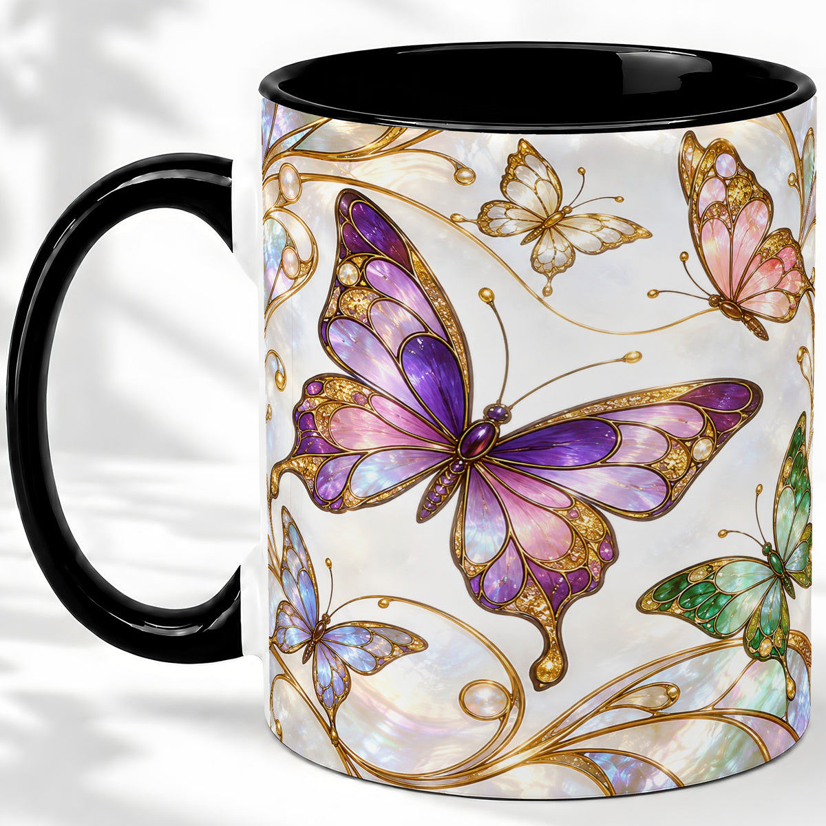 #pl[11oz|Black] Butterfly Stained Glass Style Ceramic Mug, Floral Artwork