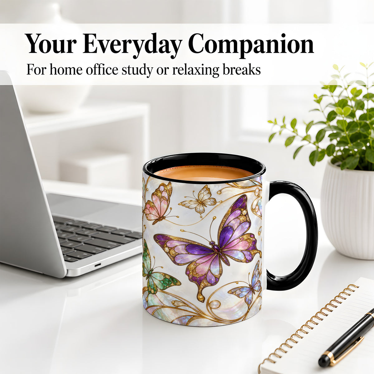 #pl[11oz|Black] Butterfly Stained Glass Style Ceramic Mug, Floral Artwork