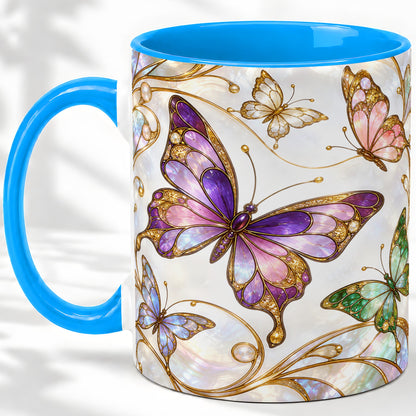 #pl[11oz|Blue] Butterfly Stained Glass Style Ceramic Mug, Floral Artwork