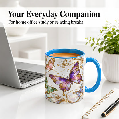 #pl[11oz|Blue] Butterfly Stained Glass Style Ceramic Mug, Floral Artwork
