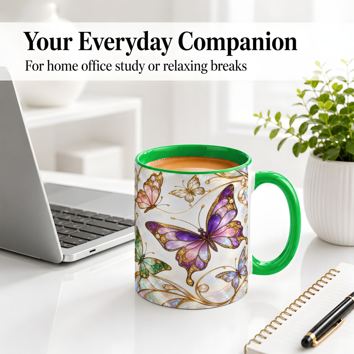 #pl[11oz|Green] Butterfly Stained Glass Style Ceramic Mug, Floral Artwork